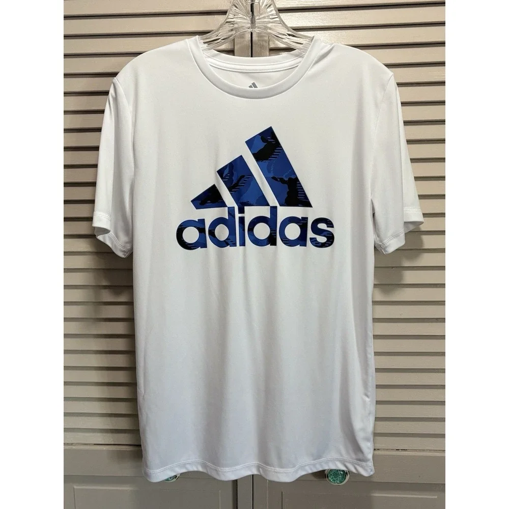 Adidas White/Blue Logo Graphic Tee Size L (14-16) Short Sleeve Crew Polyester